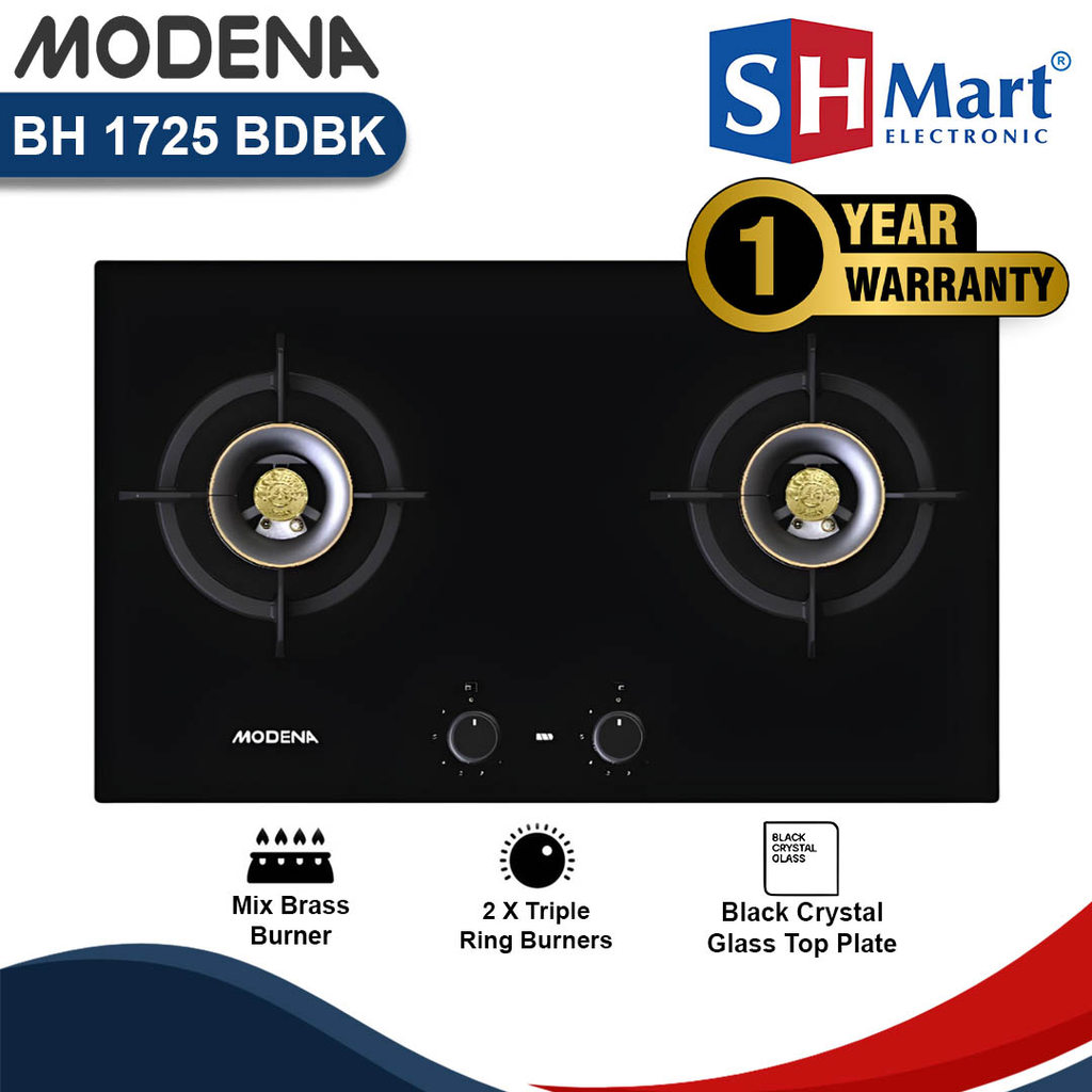 Modena Kompor Gas Tanam 2 Tungku BH1725BDBK Kaca Hitam 2 Tungku 70cm Garansi Resmi (MEDAN)