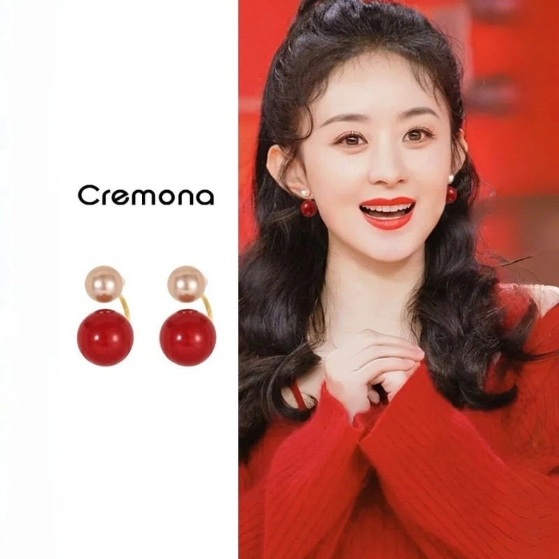 CREMONA COD Anting Mutiara Merah Wanita Elegan Vintage S925 Anting Stud Imlek Mewah