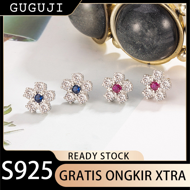 GUGUJI Anting-anting Bunga Hati Merah Hati Biru Berlian Penuh Dua Warna Desain Niche Mewah Anting-an