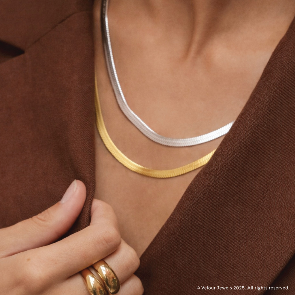 Purity Herringbone Snake Necklace — 18K Gold Plated Silver Stainless Steel Kalung Anti Karat