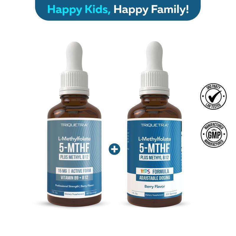 TriquetraHealthHappyFamilyBundleL-MethylFolate15mg&B12Cofactor+KidsL-MethylFolate|OrganicLiquidActiv