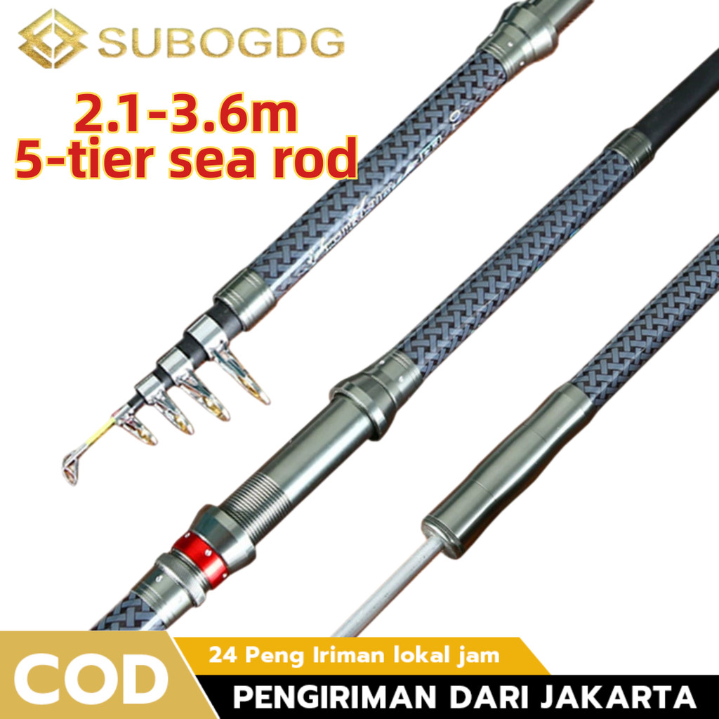 Joran Pancing Laut Teleskopik Carbon Fiber 2.1-3.6m - Spinning Rod Full Metal Guide - Portable & Kua