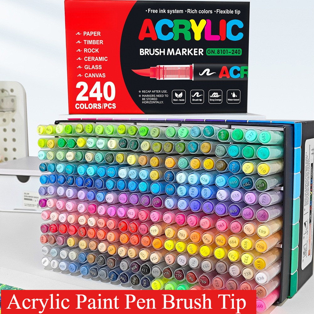 Acrylic Paint Pen Brush Tip, Marker Akrilik untuk Lukis Batu, Paint Marker Ujung Kuas, Marker Akrili