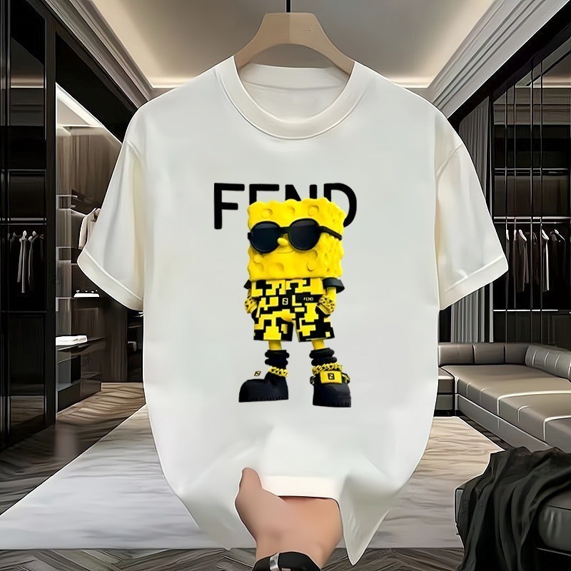Baju Kaos Atasan Spongebob Fendi Monogram Print Putih Bahan Katun Combed Tebal Adem Nyaman Dipakai S