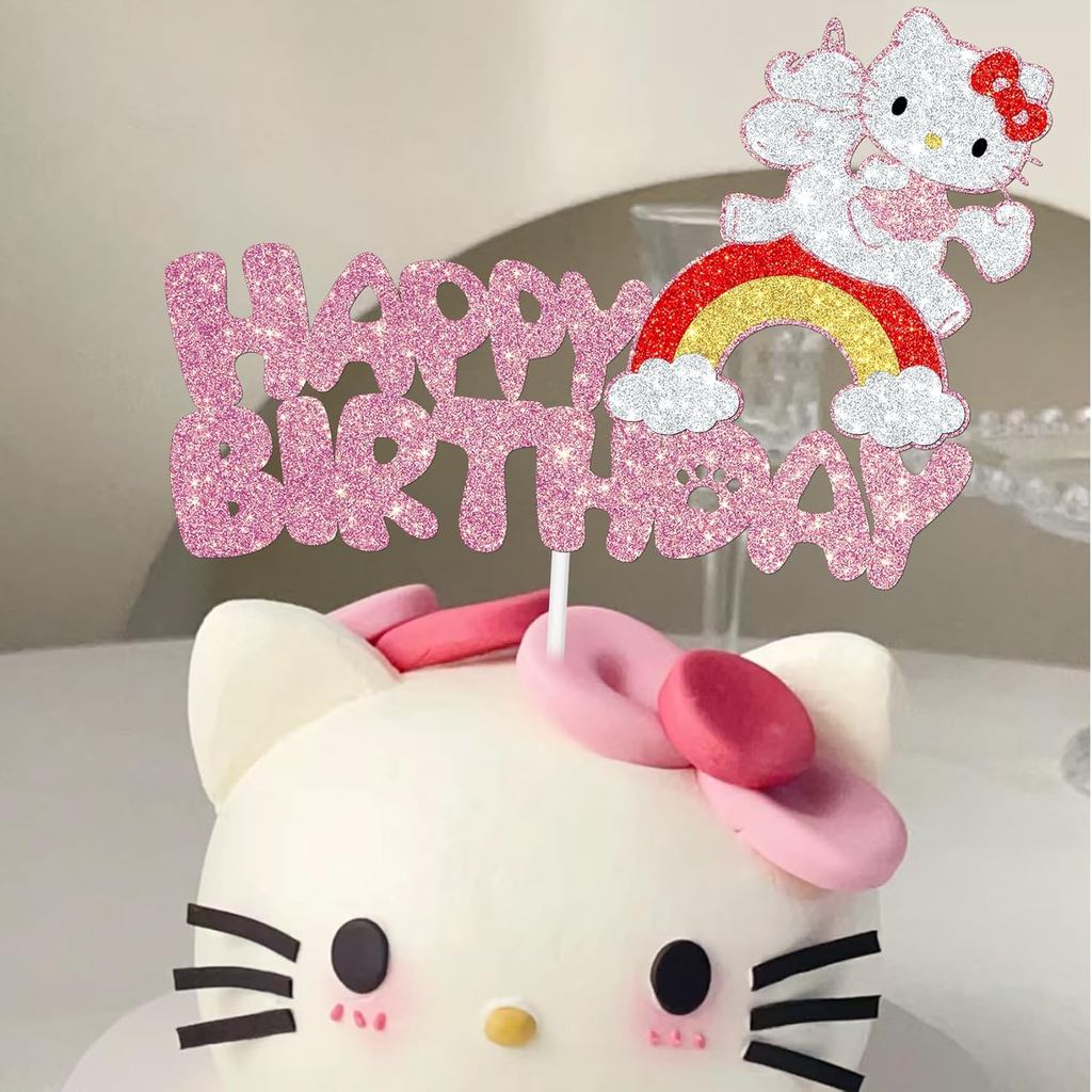 Hello Kitty Birthday Cake Topper Glitter Happy Birthday Cinnamoroll Kitty Bow Cake Decoration For Gi