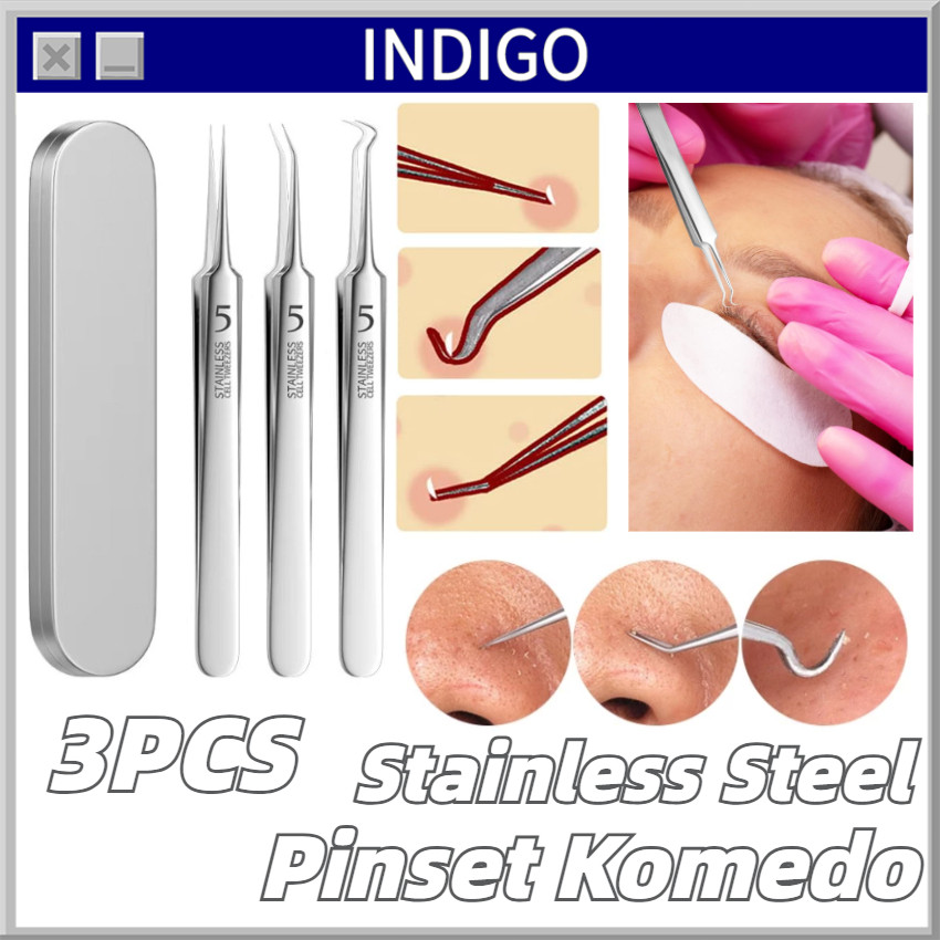 3Pcs Pinset Komedo Stainless Steel Lurus & Bengkok Alat Jerawat Penghilang Komedo Hidung Wajah
