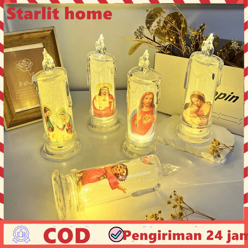Lampu LED elektrik bentuk lilin Motif Tuhan Yesus Bunda Maria-Lilin Lampu LED Smokeless Gambar Rohan