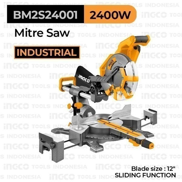 INGCO BM2S24001 Mesin Miter Saw 12 Inch Sliding Mesin Gergaji Potong Kayu 12"