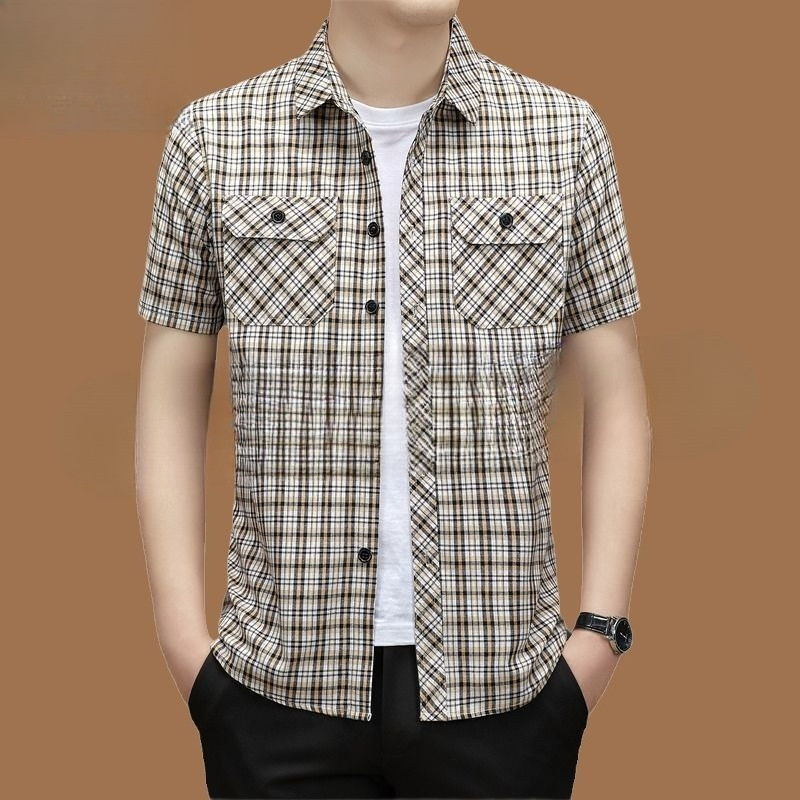 Kemeja lengan pendek pria katun kasual dan kemeja kotak-kotak linen longgar