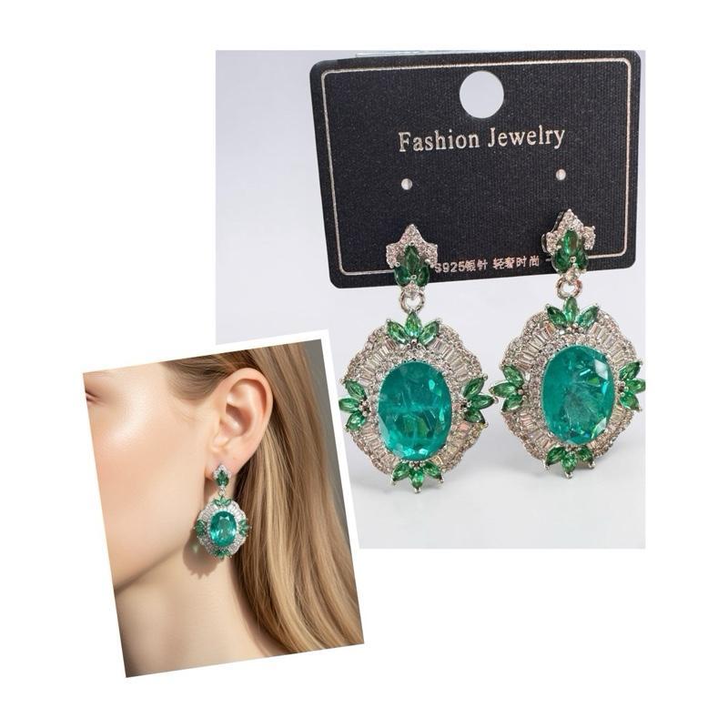 Anting Tindik Juntai 4CM Desain Batu Hijau Oval Tourmaline Mewah Elegan Cocok Buat Pesta Fashion Jew