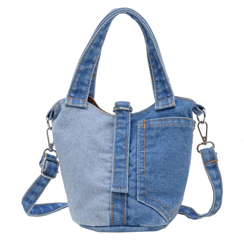 Tas Wanita Denim Bucket Bag Vintage Selempang Kekinian Casual Patchwork Colorblock
