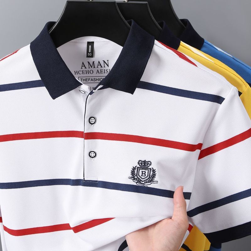 T-shirt bergaris-garis lengan pendek Polo pria bisnis kasual lapel