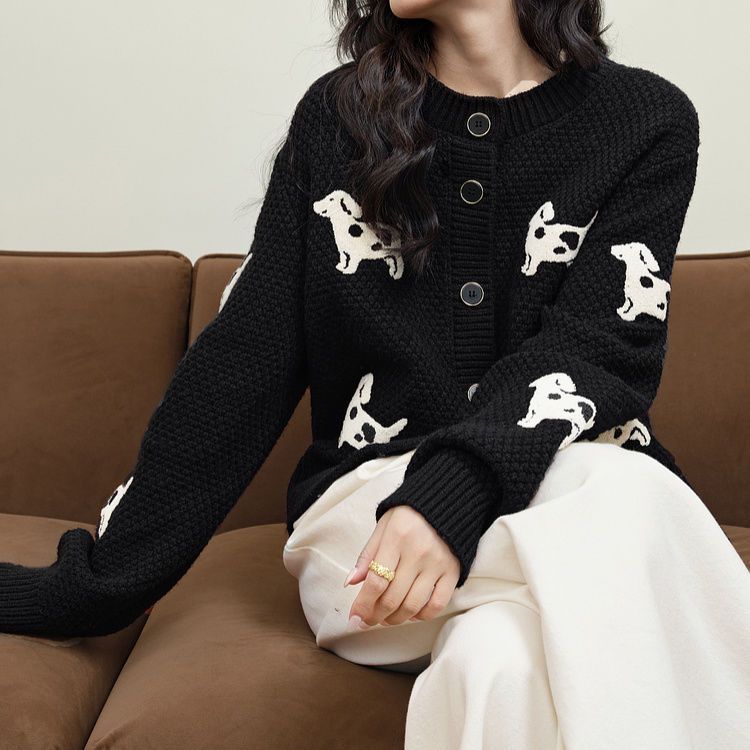 MYCASSI Cardigan Rajut Wanita Motif Anjing Jacquard Atasan Sweater Knit Kerah Bulat Terbaru
