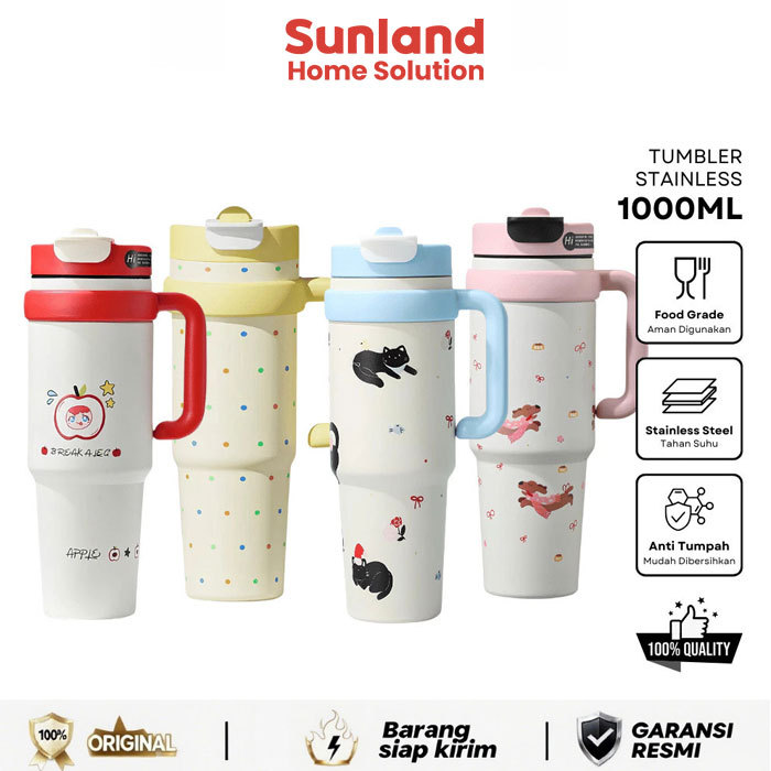 SUNLAND Tumbler Jumbo 1L Stainless Steel Thermal Insulation Anti Slip Cute Korea Botol Minum