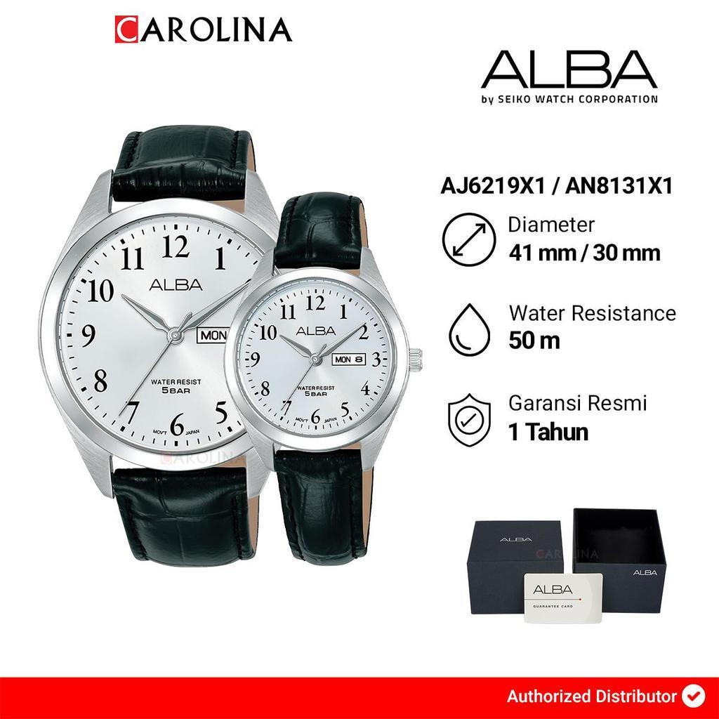 Jam Tangan Couple Alba AJ6219X1/AL4798X1 Silver Dial Black Leather Strap copy