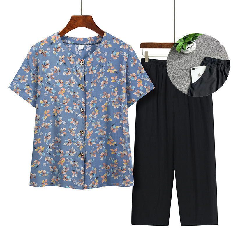 Baju Set Musim Panas untuk Ibu Usia Lanjut Atasan Cardigan Santai & Celana Longgar Dua Potong