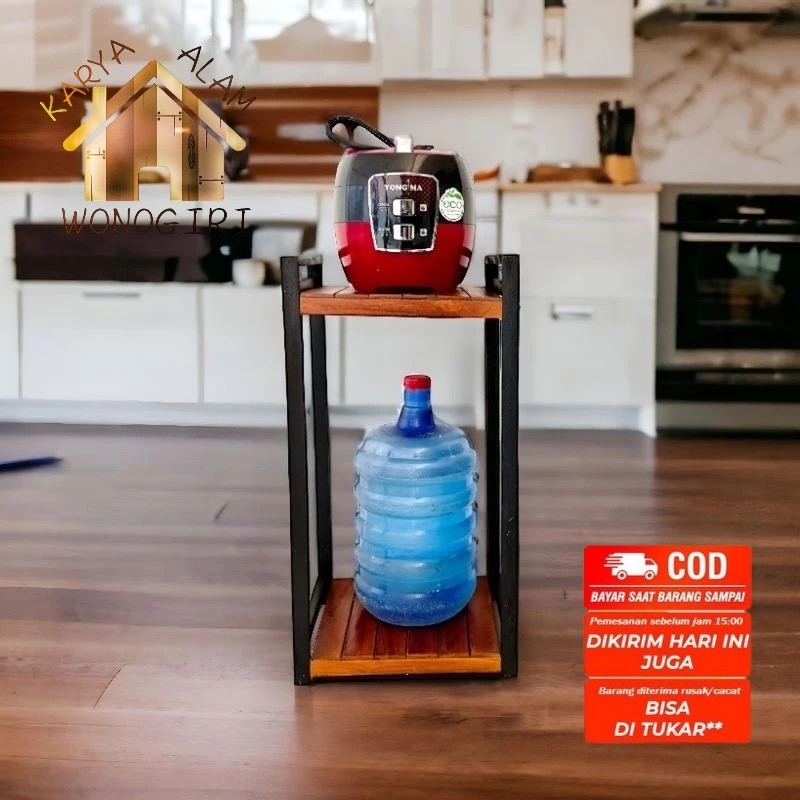 Rak Dispenser Galon 2 Susun Rak Rice Cooker Kayu Mahoni, Rak Kayu Minimalis Serbaguna Estetik Putih