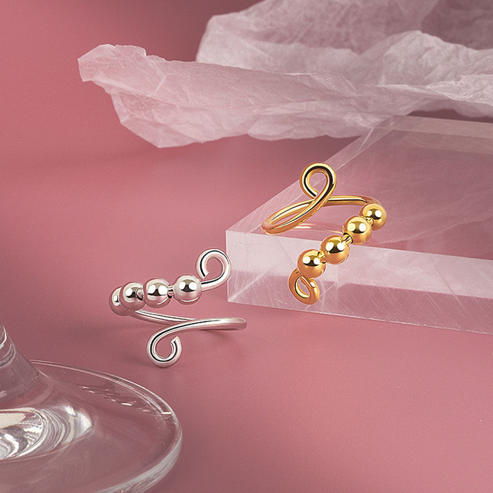 4Pcs Adjustable Anxiety Relief Ring Copper Beads Spiral Rotatable Anti Stress Fidget Rings Hand Deco