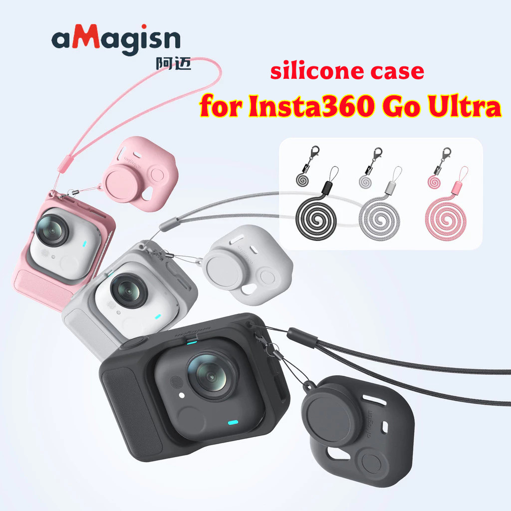 AMagisn Untuk Insta360 Go Ultra Penutup Silikon Tubuh dengan Tali Leher Pelindung Pergelangan Tangan