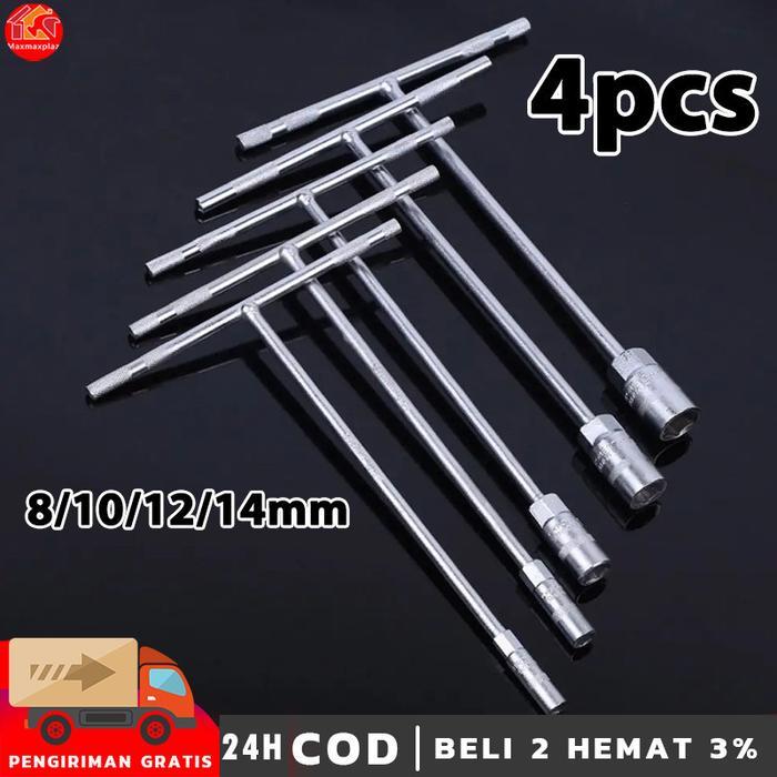 4PCS Kunci Sok T  8/10/12/14mm Harga Satuan Putih Chrome Lokal Kunci Shock Sock T Putih Mobil Motor 
