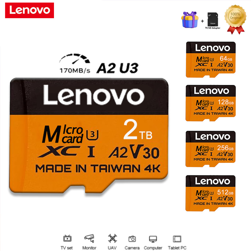 Lenovo 2TB High-Speed V30 A2 4K SD Card 512GB 256GB 128GB Memory Card 1TB Micro TF SD Adapter for Sm