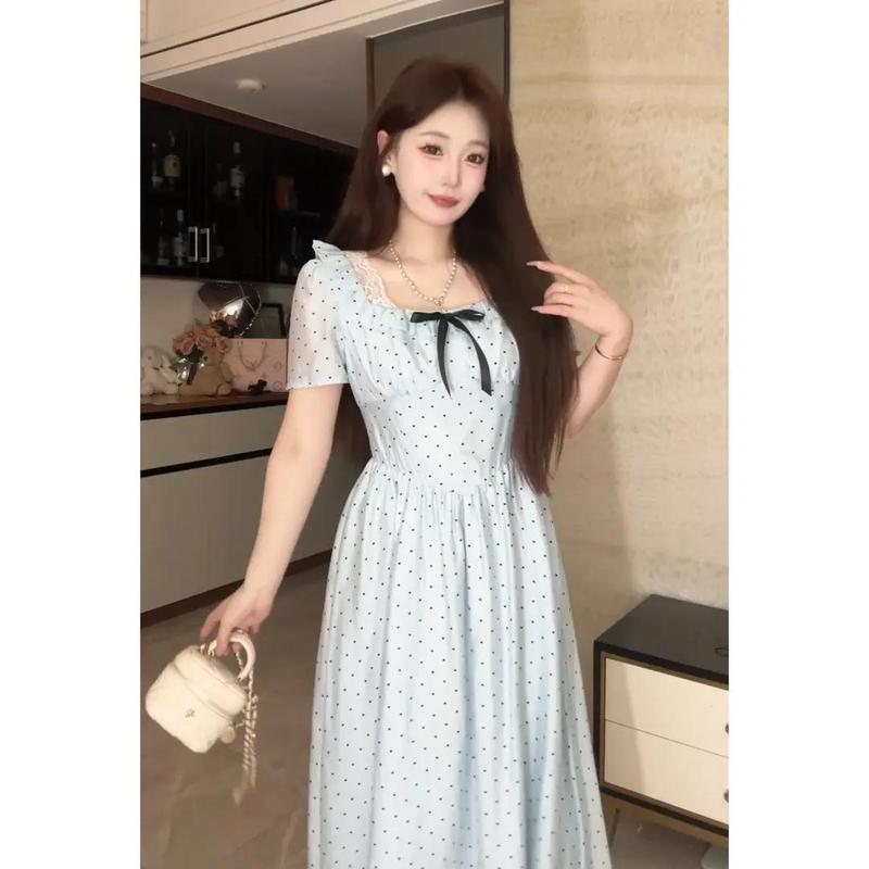 [COD]Haiyan Square Collar Wave Point Sling Dress
