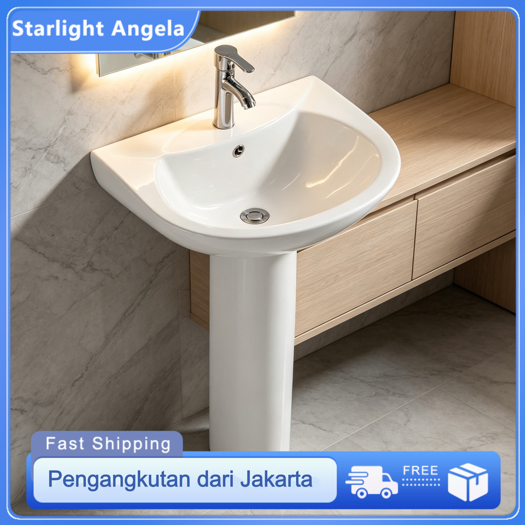 Wastafel Keramik Putih Dengan Pilar, Wastafel Cuci Tangan Sudut Untuk Kamar Mandi Kecil, Tahan Lama 
