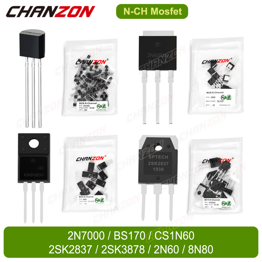 10/100PCS 2N7000 BS170 CS1N60 2SK2837 2SK3878 2N60 8N80 N-Channel Mosfet  Assorted Triode Transistor