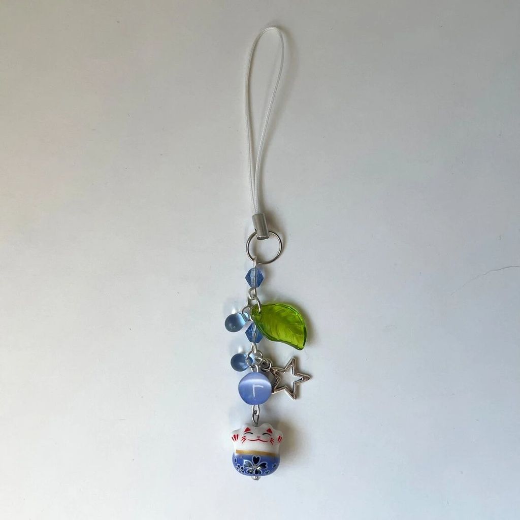 Handmade Blue Lucky Cat Phone Charm Leaf Design Cat Charm Phone Accessories Unique Blue Lucky Cat Ke