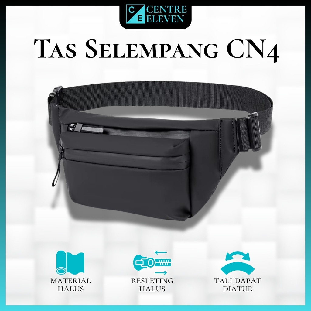 TAS SELEMPANG CN4 - Pria Dewasa Waist Sling Bag Hitam Bahu Pinggang, Canvas Anti Air 3 Resleting