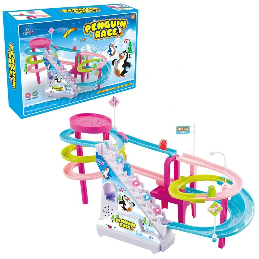 Mainan Penguin Race Track Slide / Seluncuran Penguin Naik Tangga Eskalator Musik & Lampu