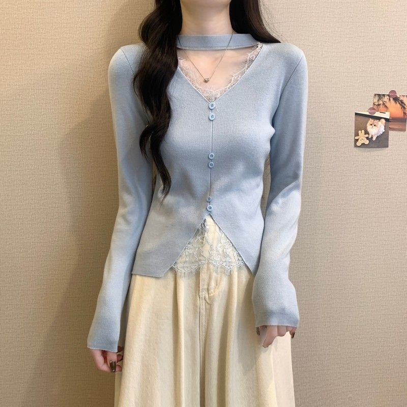 Leher Halter Abu-abu V Kemeja Dasar Kerah Renda untuk Wanita, Sweater Pendek Musim Semi