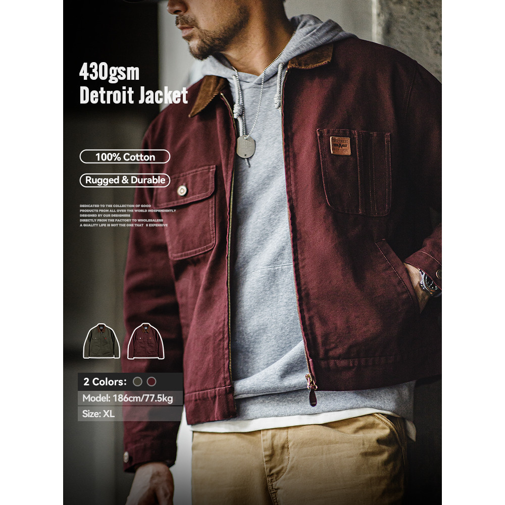 Maden Men's  Retro Corduroy Collar Heavyweight Detroit Jacket Canvas Hunting Short Zip-Up Jacket wit