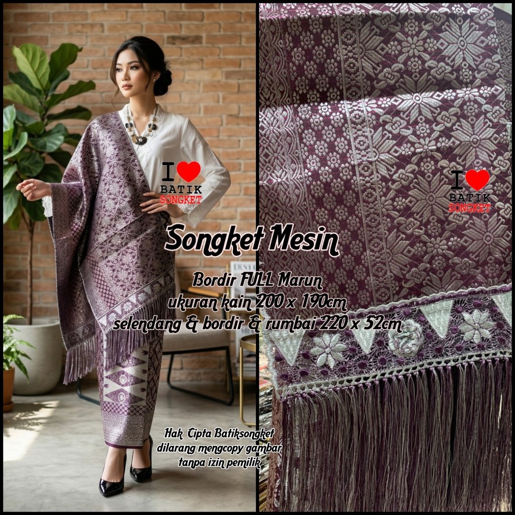 SONGKET MESIN MOTIF 13 BORDIR MERAH MARUN PENGANTIN HALUS LEPUS PALEMBANG MURAH SETELAN KAIN SELENDA