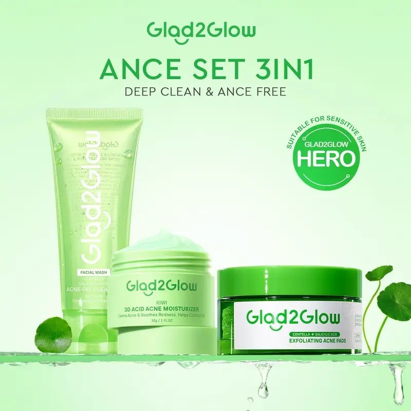 GLAD2GLOW 3in1Paket Anti Jerawat - Cleanser + Moisturizer Kiwi + Acne Pads - G2G Acne Set