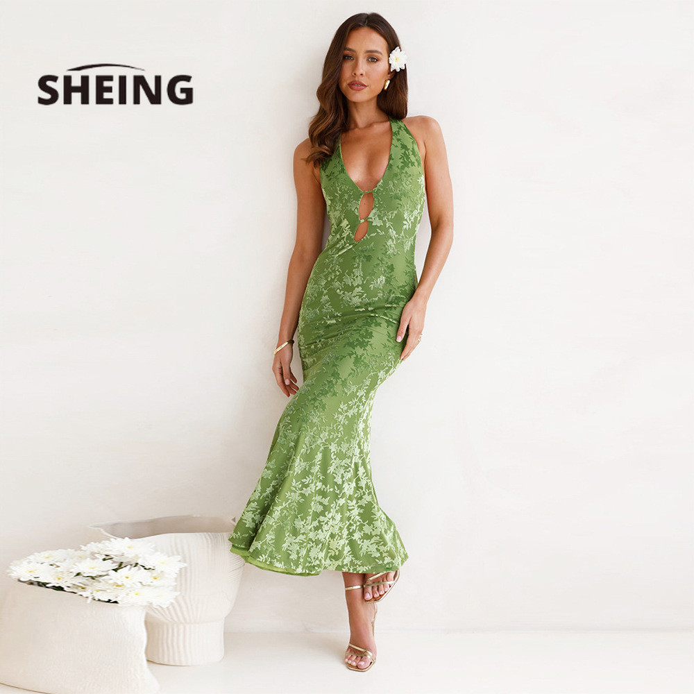 SHEING Dress Halter  Panjang Wanita Backless Berbondong-bondong Maxi Dress Long Dress