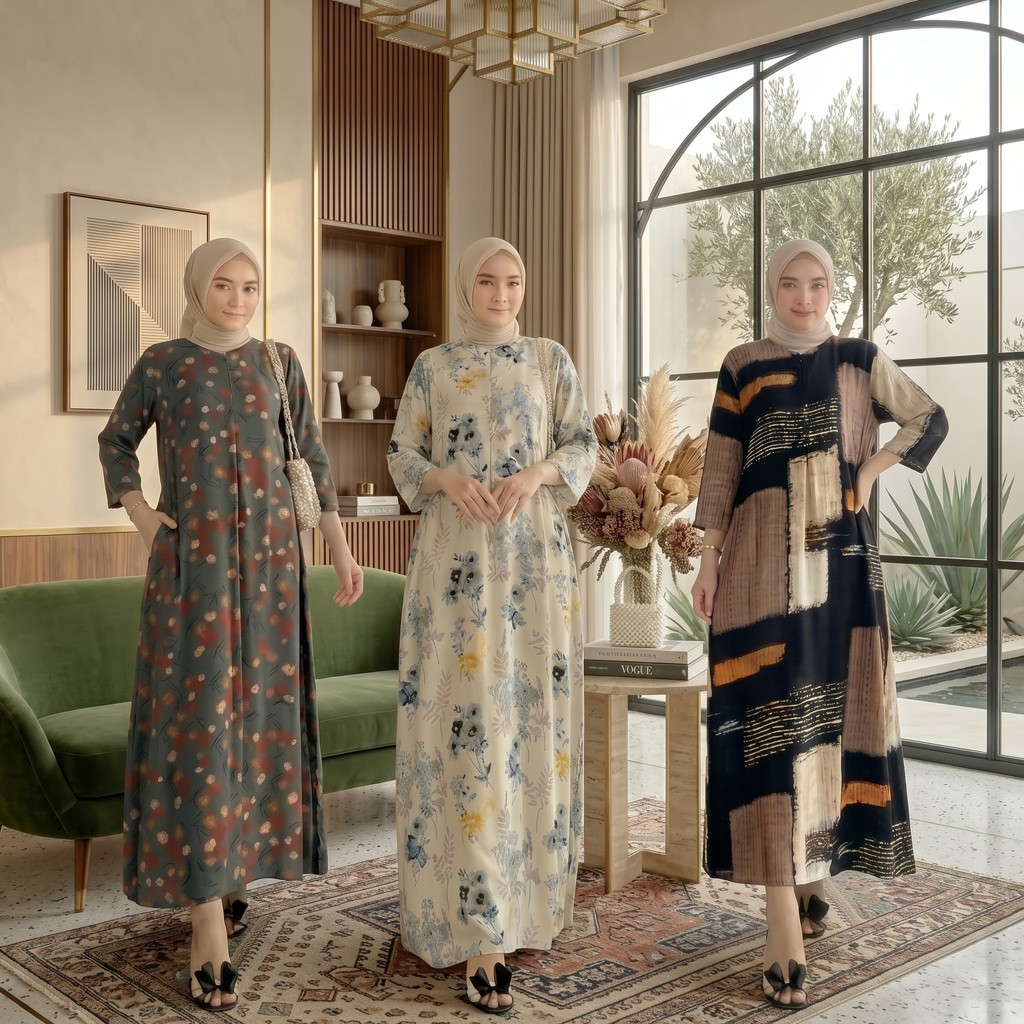 Daster Gamis Wanita Lengan 3/4 Motif Premium | Dress Santai Hijab Friendly Adem Nyaman Dipakai Haria