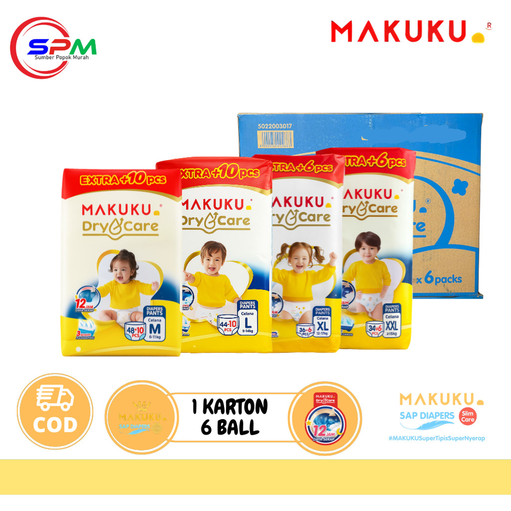 MAKUKU Dry Care Pants M48+10 L44+10 XL36+6 XXL34+6 1 Karton / 1 Dus isi Popok Bayi Celana