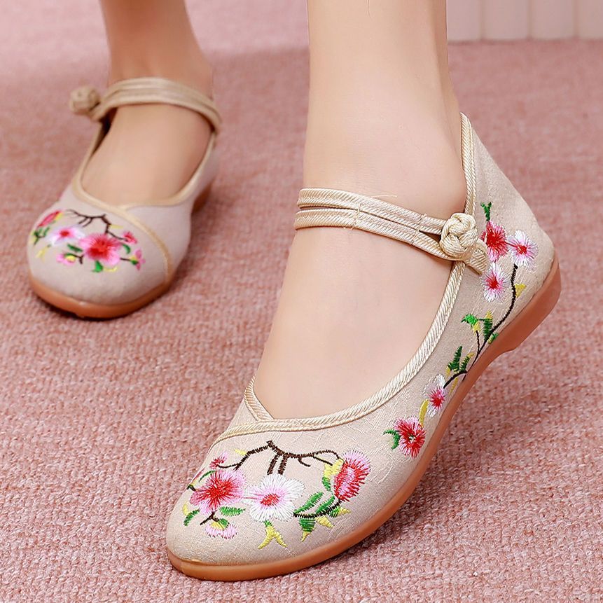 Sepatu Wanita Kasual Model Tiongkok Ujung Melengkung Sol PU Empuk Datar Dalam Kulit Babi Halus Nyama