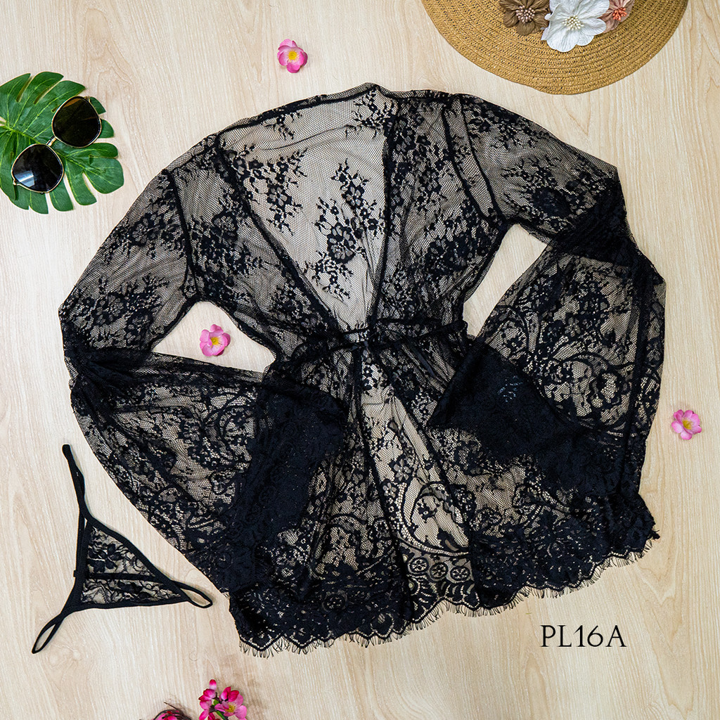 Baju Tidur Kimono Lingerie Sleepwear Premium Lace Hitam PL16A