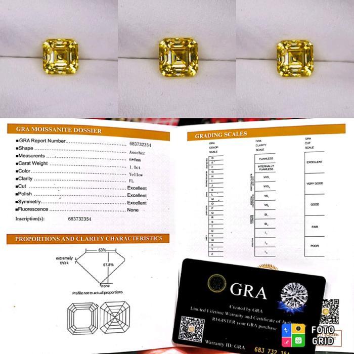 Batu Yelow Moissanite VVS1 Kekerasan 9.25 Sertifikat