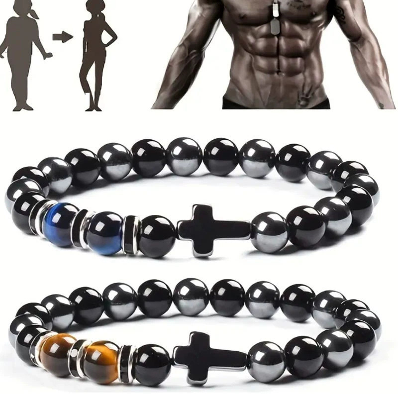 Gelang Hematite Hitam Batu Mata Harimau Gelang Salib Pria Gelang Warna Manik-manik