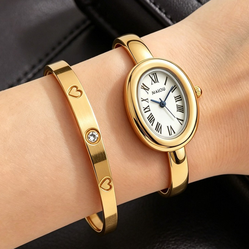 Wanita Jam Tangan + Gelang Oval Dial Wanita Jam Tangan Kuarsa Wanita Paduan Gelang Jam Tangan