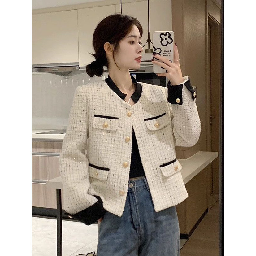Blazer Crop Tweed Putih Polos Lengan Panjang Outer Wanita Korean Style