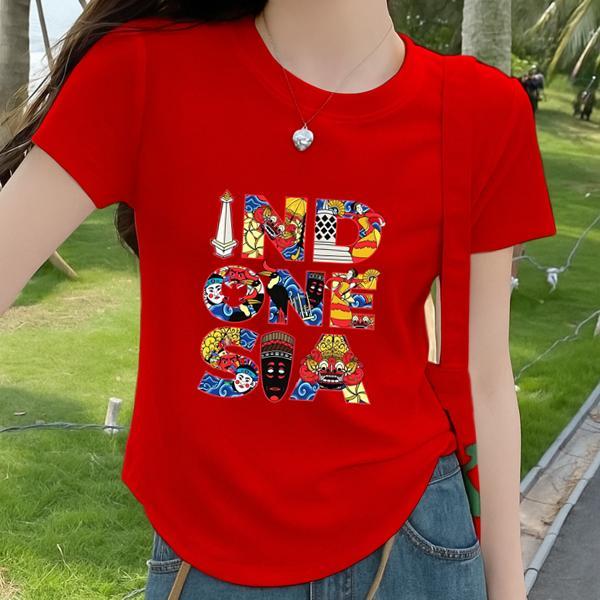 Kaos Wanita 17 Agustus Model Oval Lengan Pendek - Baju Merah Edisi Hari Kemerdekaan INDONESIA - Kaos