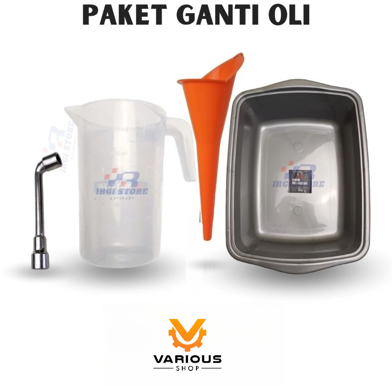 corong oli + wadah + takaran oli 1000 ml+kunci L paket ganti oli mesin komplit.