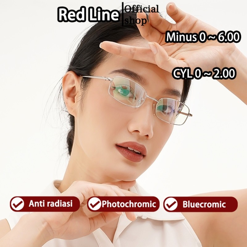 Red Line Kacamata Anti Radiasi Minus Wanita Pria Besi Kotak Frame Anti Blueray Kacamata Fashion Meta