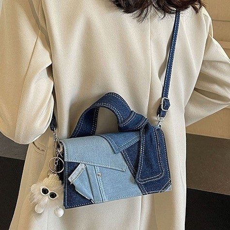 Jeans splicing handbag persegi kecil, tas bahu tunggal wanita