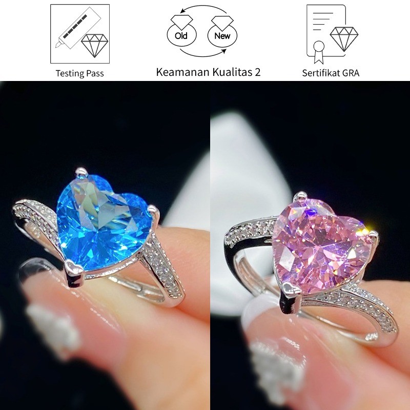 SikRoad Cincin Wanita Berbentuk Hati Sederhana Moissanite Batu Permata Berwarna Pink Berlian Biru Sa
