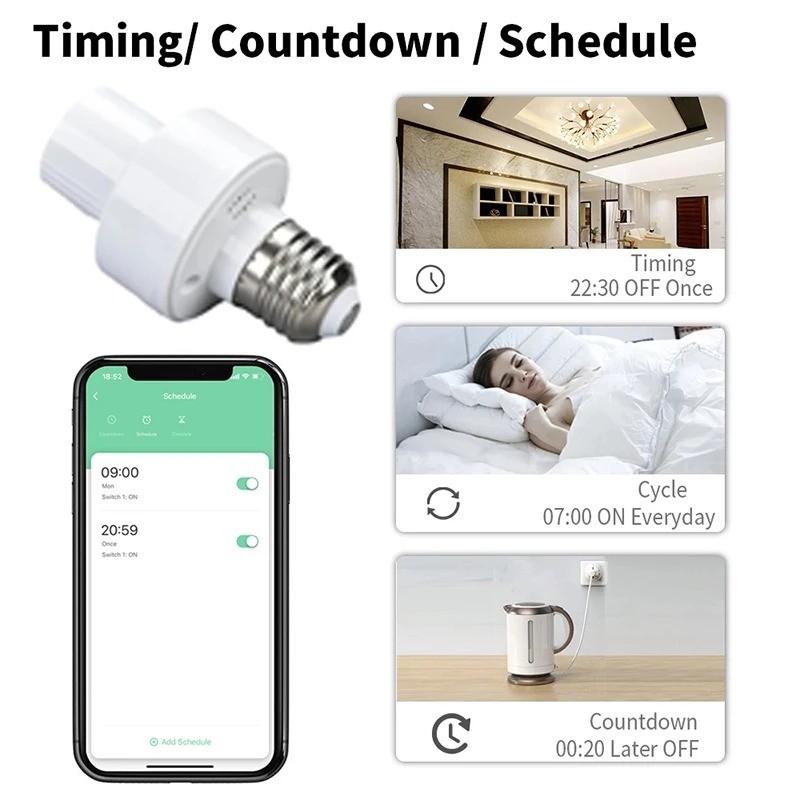 Fitting Lampu WiFi E27 Smart Socket Remote App Control Voice Control Google Alexa Timer Otomatis On 